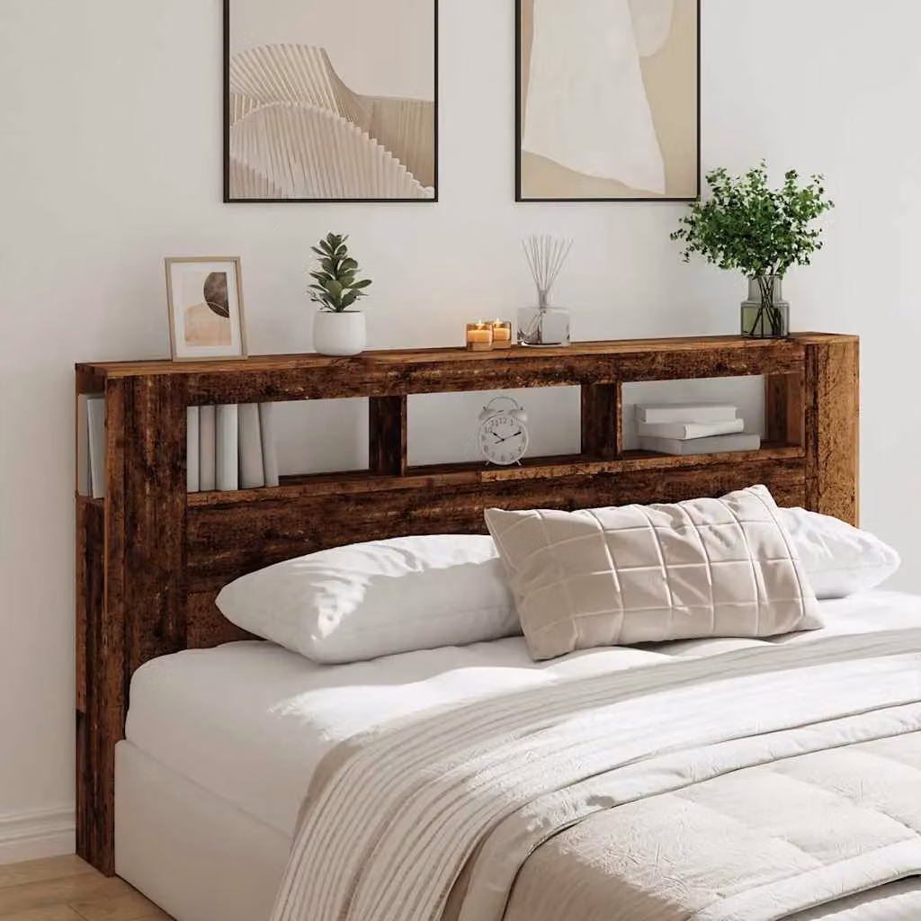 Berkfield Home Modern LED Headboard in Brown with Integrated Lighting, Shelf and USB Charging Port, W/D/H: 200 x 18.5 x 103.5 cm – 3