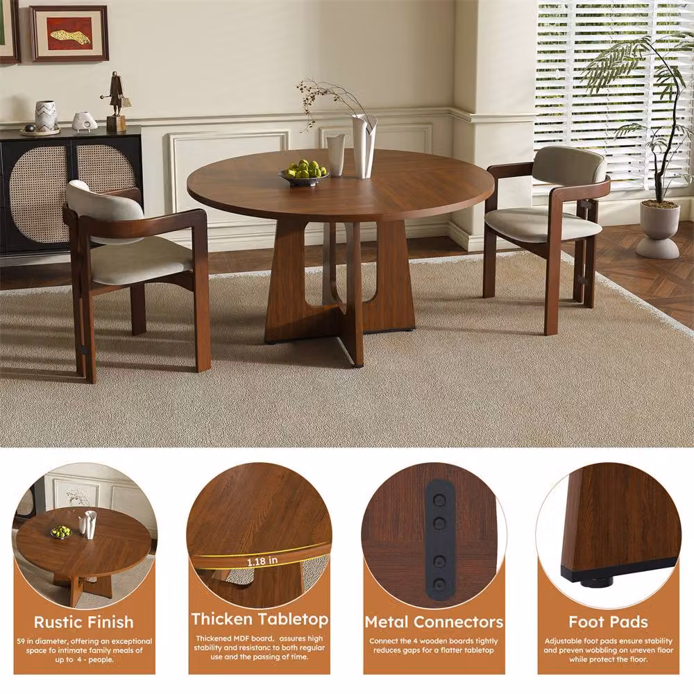 Direct Wicker Round Farmhouse Dining Table in Brown MDF with Walnut Finish – 3