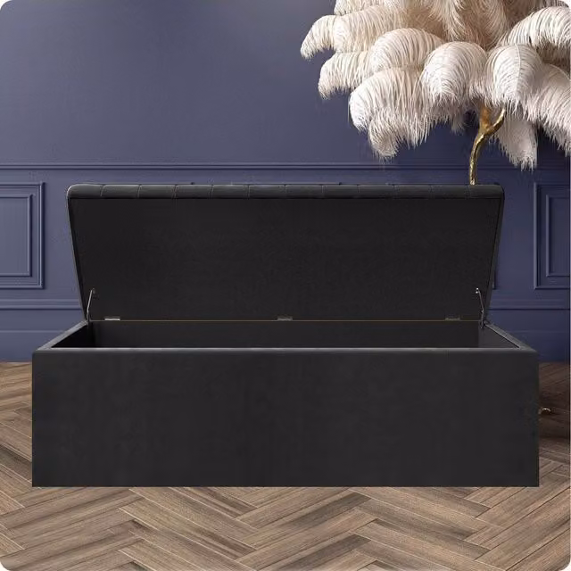 R&M Furnishers Black Plush Velvet Striped Upholstered Blanket Chest and End of Bed Bench