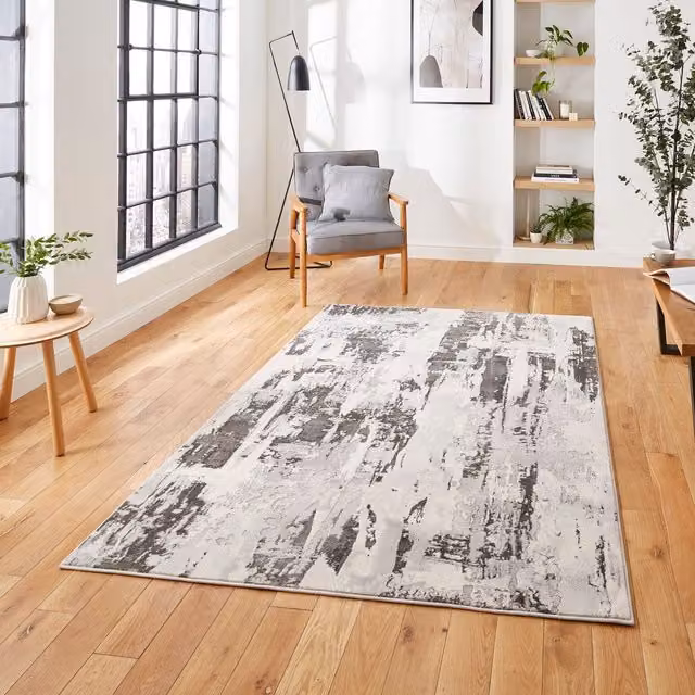 Apollo GR579 Grey and Ivory Abstract Machine Woven Metallic Effect Yarn Rug