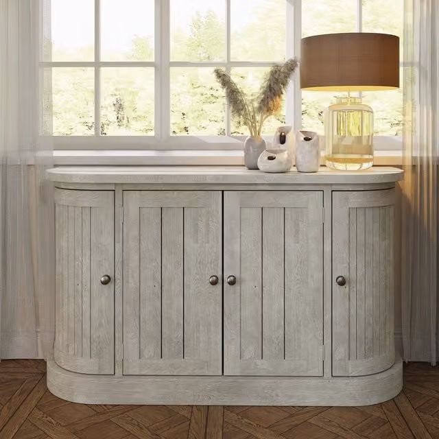 FWStyle Lime Washed Pine Curved 4 Door Sideboard in White and Grey