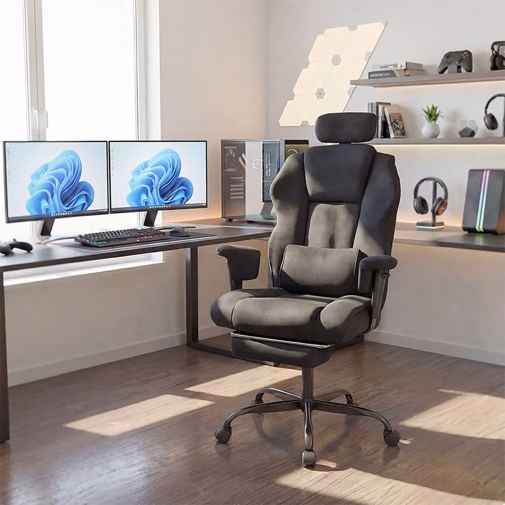 Levede Ergonomic Black Fabric Office and Gaming Chair with Adjustable Headrest, Armrests and Footrest – 3