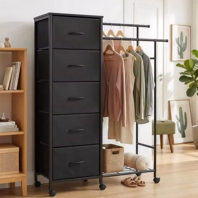 VOGREX Clothes Rail with 5 Fabric Drawers in Black, W/D/H: 126.5 x 30 x 30 cm