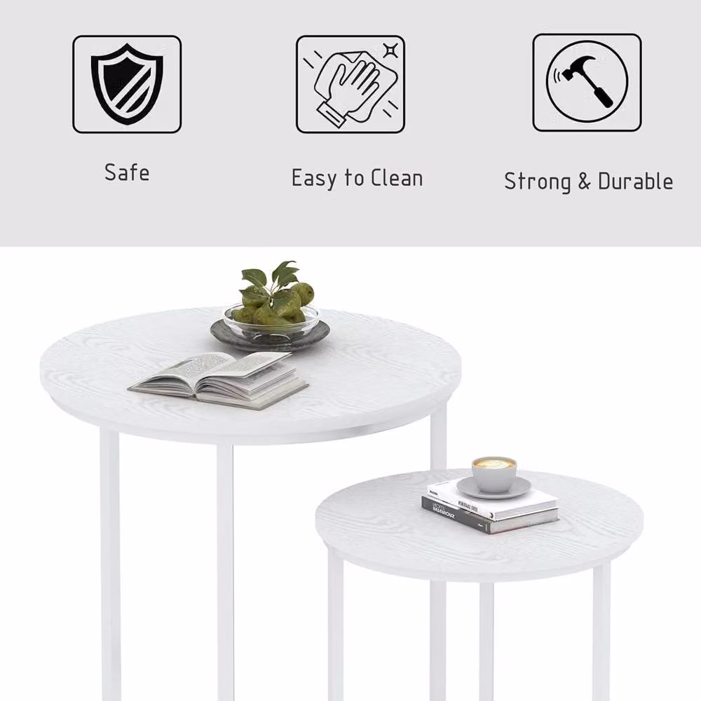Huhote Modern Round Nesting Coffee Tables Set of 2 with White Metal Frame and White Wood Finish – 4