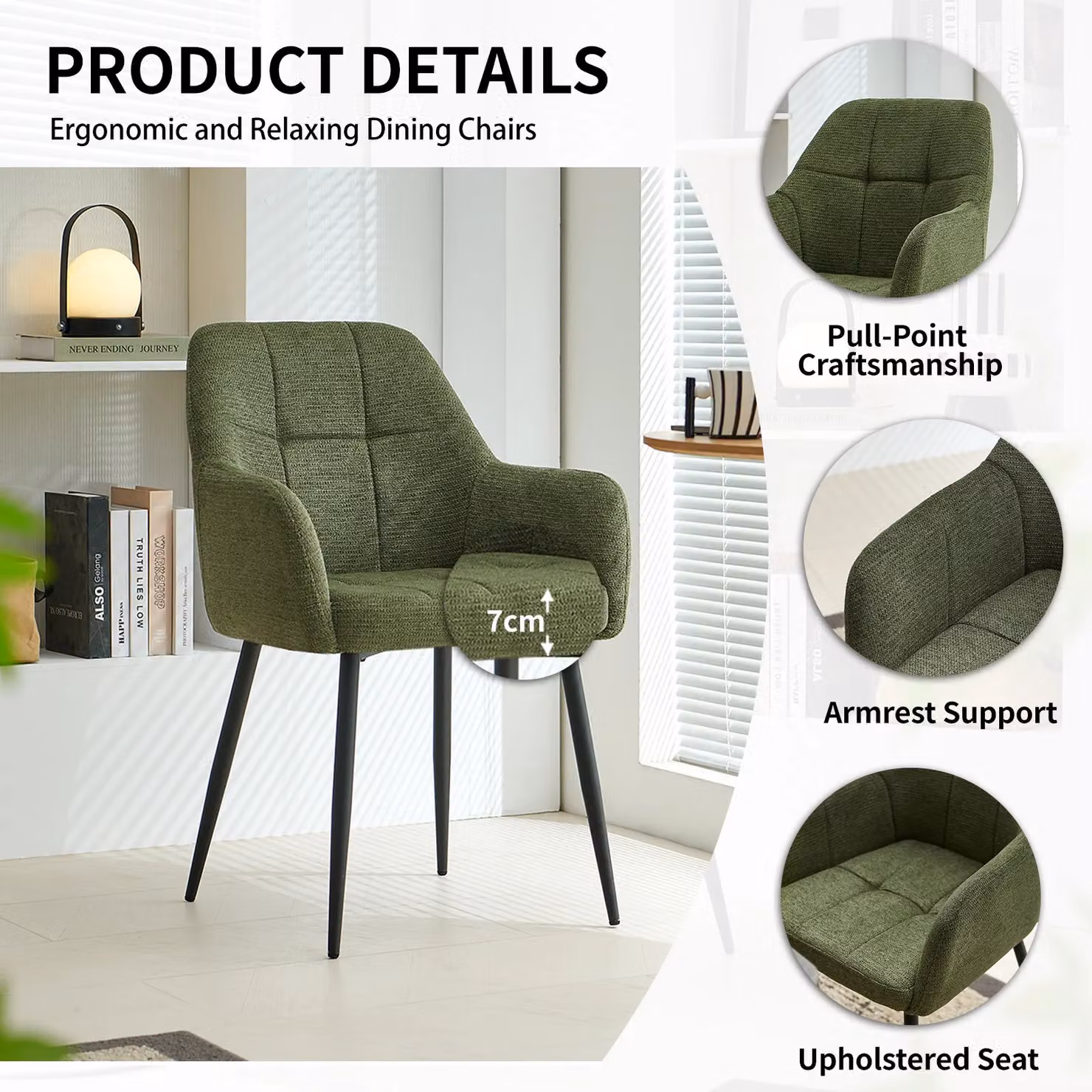 SONARA Modern Single Dining Chair in Green Chenille Fabric – 3