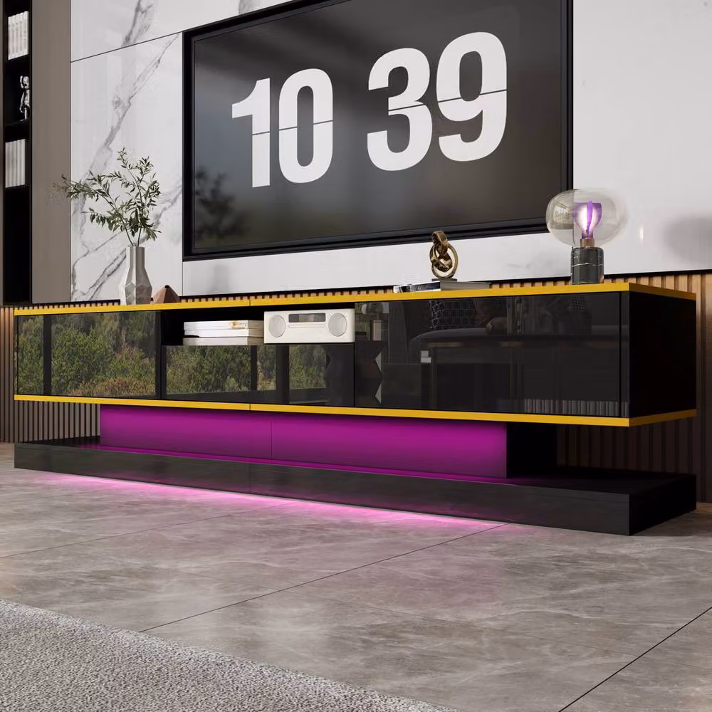 Merax Modern High Gloss TV Cabinet in Black and Gold with Integrated LED Lighting and 3 Drawers, W: 180 cm, D: 45 cm, H: 180 cm – 4