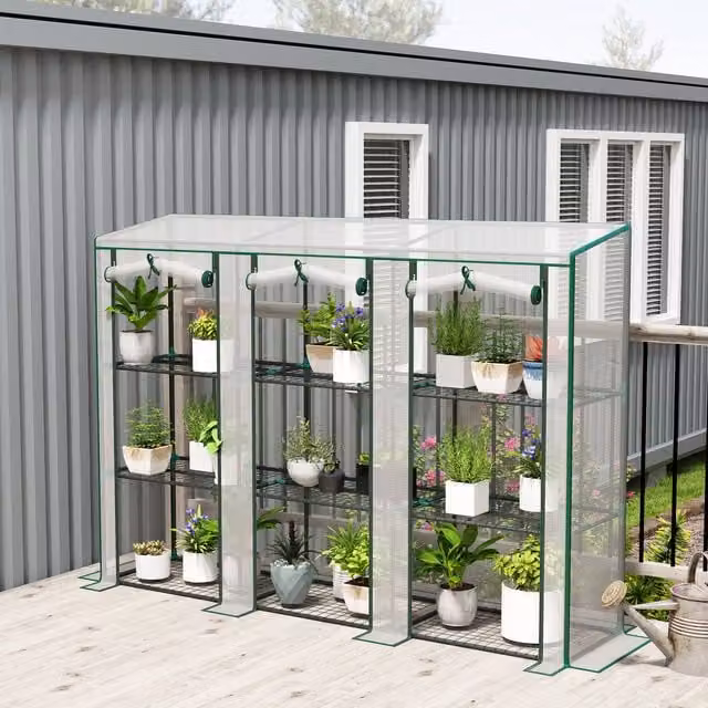 Outsunny 3 Tier White Wall-Mounted Lean-to Mini Greenhouse