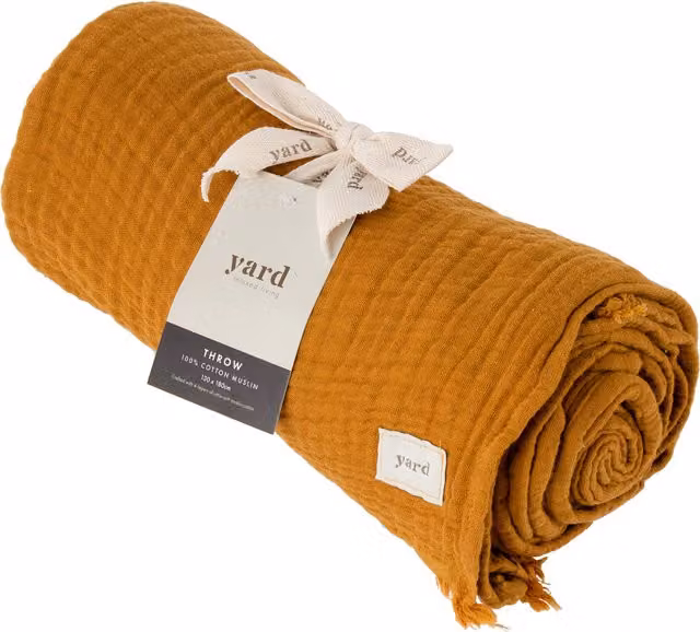 Lark Muslin Cotton Throw in Cumin Brown and Orange with Fringes, Width: 180 cm