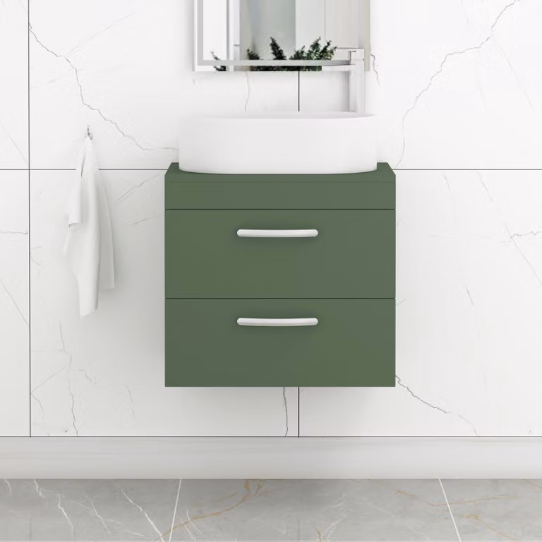 Royal Bathrooms Turin Wall Hung Vanity Unit with 2 Drawers and Peak Countertop Basin, Matt Green with Matt Black Handles, Width: 60 cm