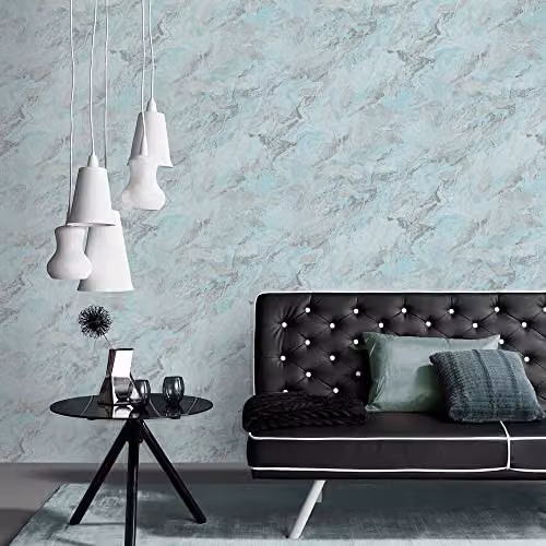 Erismann 10318-18 Non-Woven Marble Look Wallpaper in Blue, White and Silver Metallic – 1