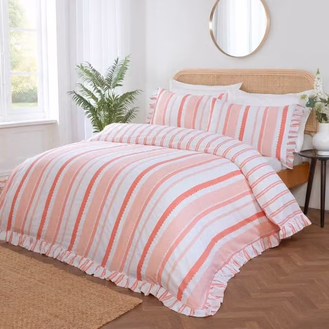 Rapport Home Maya Striped Reversible Polycotton Duvet Cover and Pillowcase Set in Pink, W/D/H: 135 x 200 cm and 50 x 75 cm