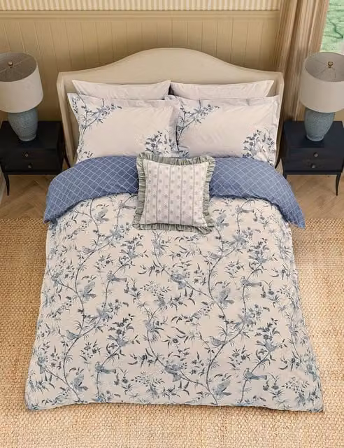 Sanderson Paradise Toile Blue Cotton Percale Bedding Set, Single (3 ft)