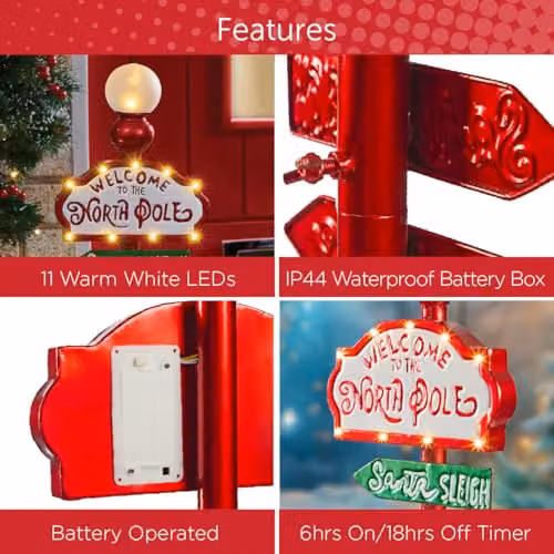 The Christmas Workshop Welcome to the North Pole LED Sign with 11 Warm White Lights, Red and White, W: 60 cm, H: 21 cm, D: 12 cm – 2