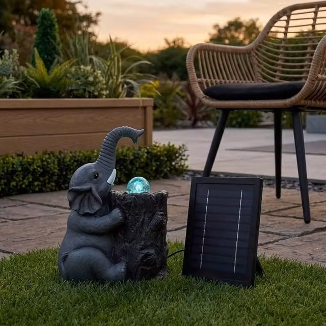 Garden Greatness Elephant with Ball Solar Garden Water Feature Fountain in Grey and Multicolour