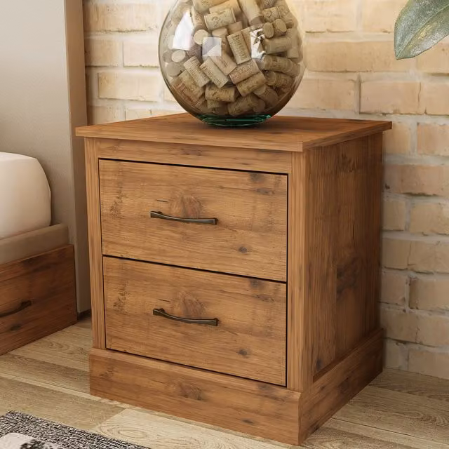 Camford Two Drawer Bedside Table in Rustic Brown Wood and Metal