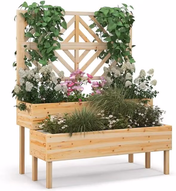 Havendro 2-Tier Brown Wooden Raised Garden Bed with Trellis Elevated Planter Box