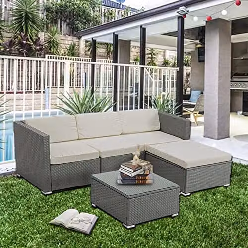 MCC Direct Rupert 5-Piece L-Shape Rattan Garden Furniture Set in Grey with Glass Coffee Table and Cushions