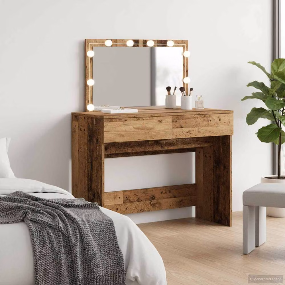 Berkfield Home Rustic Wood Dressing Table with Hollywood LED Mirror in Brown, W/D/H: 100 x 40 x 120 cm – 2