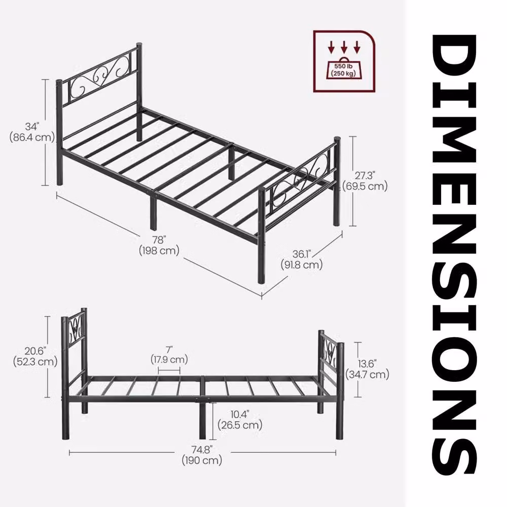 Pirlo Plush Single Metal Bed Frame with Headboard, Black, W/D/H: 90 x 190 x 91.8 cm – 3