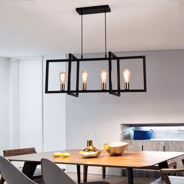 Garwarm 4-Light Rectangular Industrial Metal Hanging Pendant Light in Black – 1