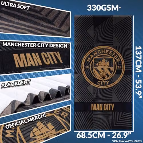 Manchester City F.C. Black Cotton Quick Dry Bath Towel, W: 137 cm, H: 69 cm – 6