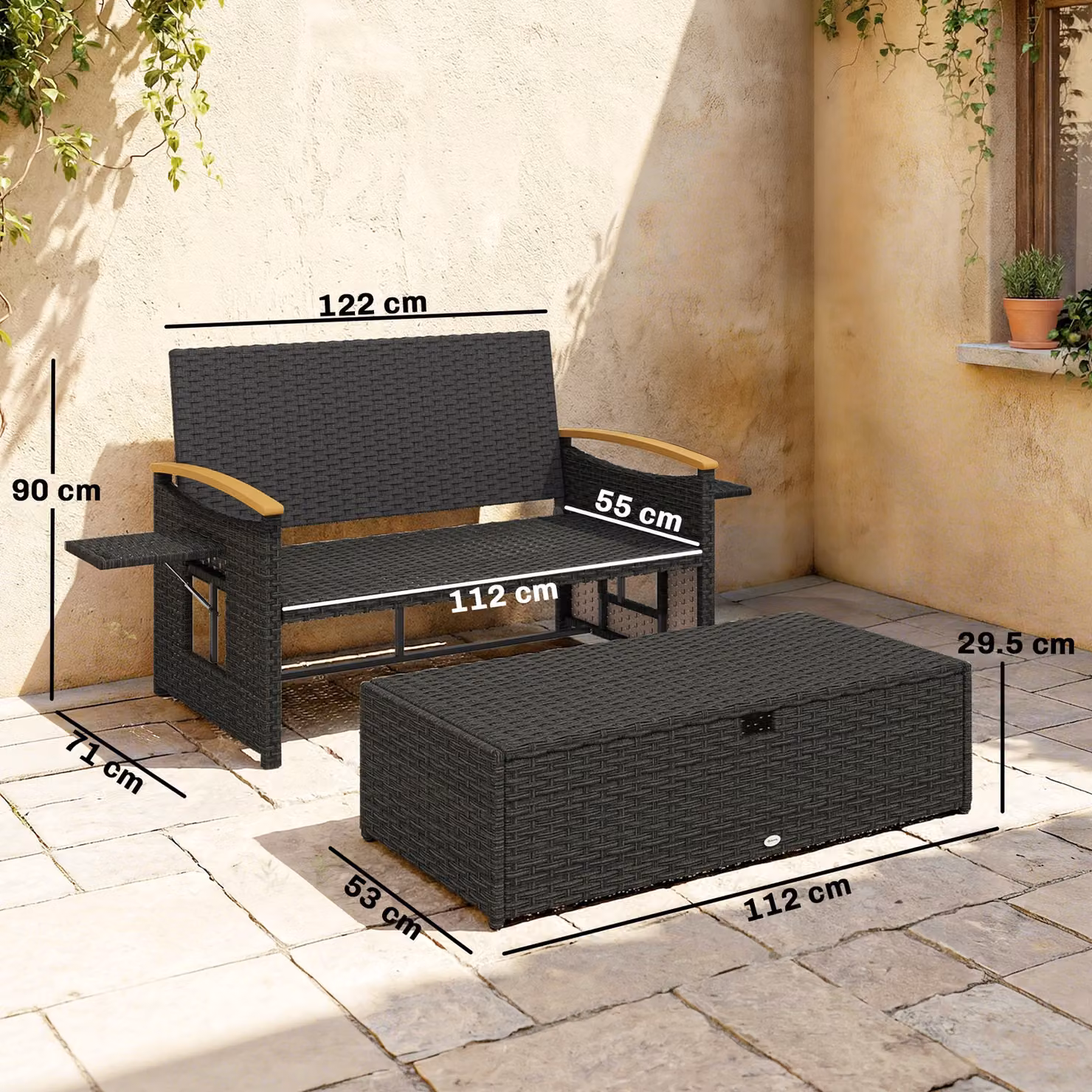 Outsunny Double Garden Rattan Daybed in Brown with Storage Ottoman, Wicker Sun Bed Chaise Lounger featuring Adjustable Backrest, Armrests and Side Tray – 3