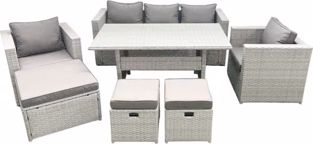 Fimous Garden Dining Set Light Grey Rattan Furniture with Sofa, Dining Table, 2 Chairs and 3 Footstools