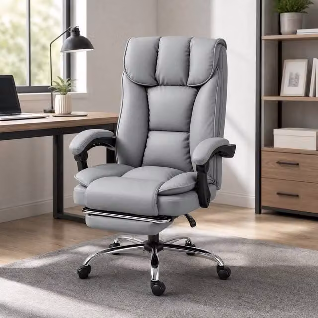 STILVORA Grey Faux Leather Swivel Office Task Chair with Footrest and Headrest – 1