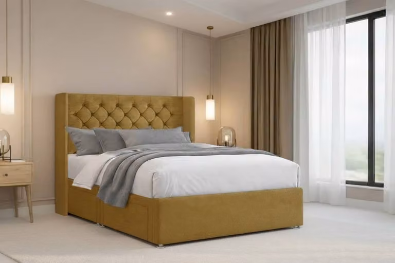 Nexus Mattresses Ltd Windsor Plush Divan Bed Base with 54 inch Winged Headboard, Yellow Velvet Fabric, King Size, W/D/H: 180 x 200 cm