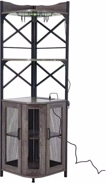 FLAVORA Grey 5 Tier Corner Wine Cabinet with Glass Doors and Integrated Lighting – 1