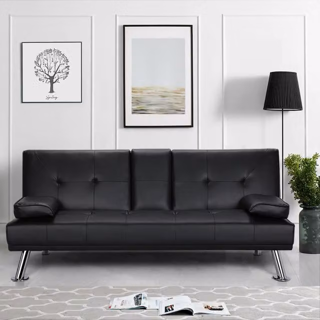 Yaheetech Black Faux Leather Convertible Click-Clack Sofa Bed with Cup Holders and Solid Wood Frame