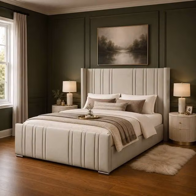 Desire Deco Luxury Gerald Wingback Upholstered Bed Frame in Beige, Size: 180 x 200 cm