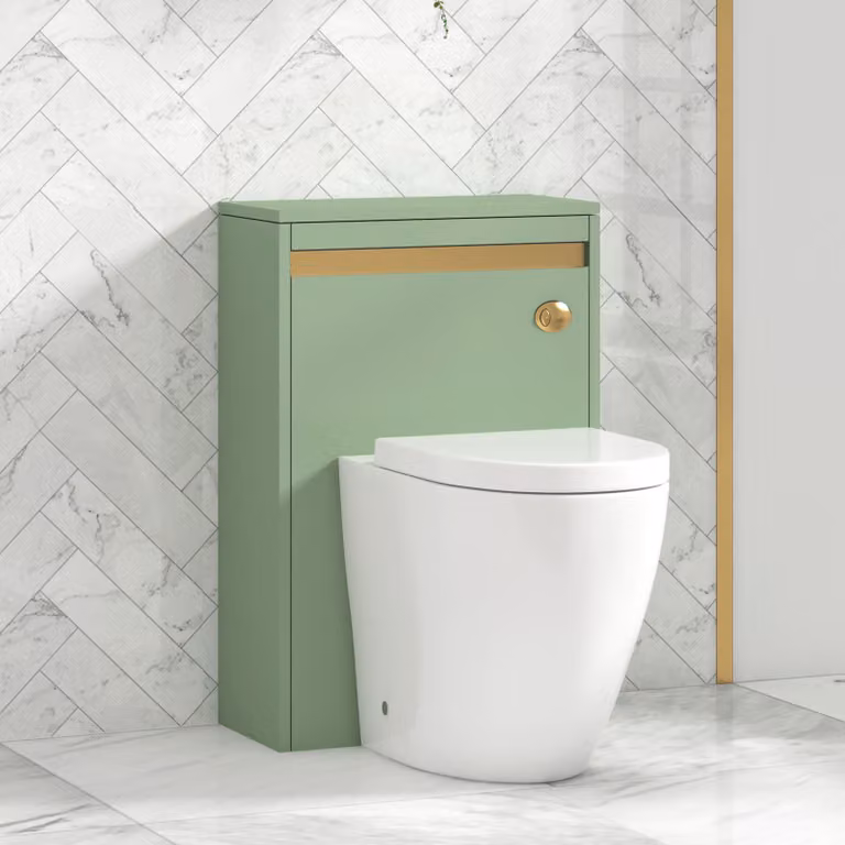 Royal Bathrooms Orion Mint Sage Wall Mounted WC Unit with Elva Rimless Short Projection Toilet Pan, Seat and Cistern, Brushed Brass Trim, Width: 54 cm