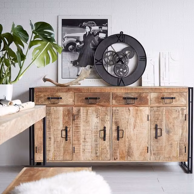 IH Design Industrial Style Large Wooden and Metal Sideboard Cabinet in Brown