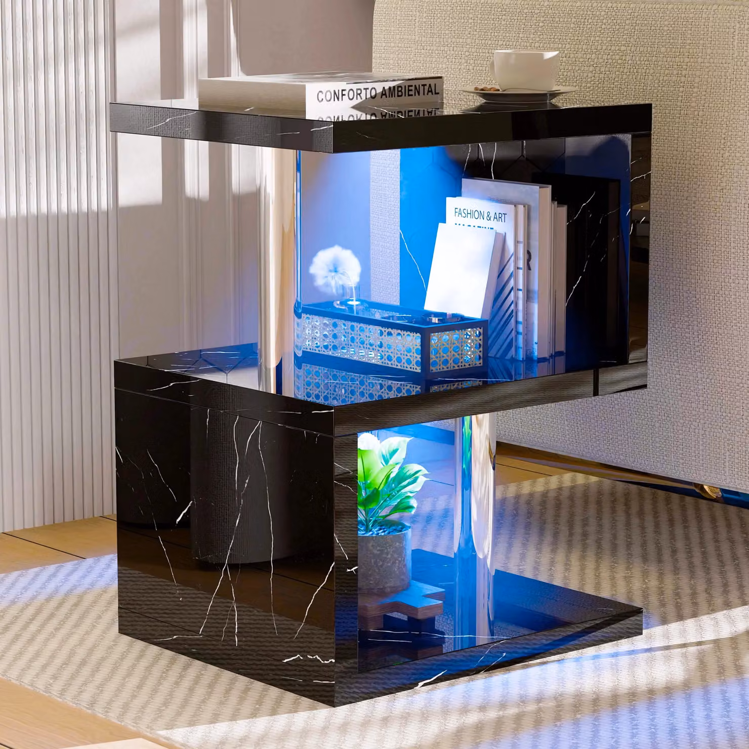 DHS Black Marble High Gloss Side Table with LED for Living Room or Bedroom