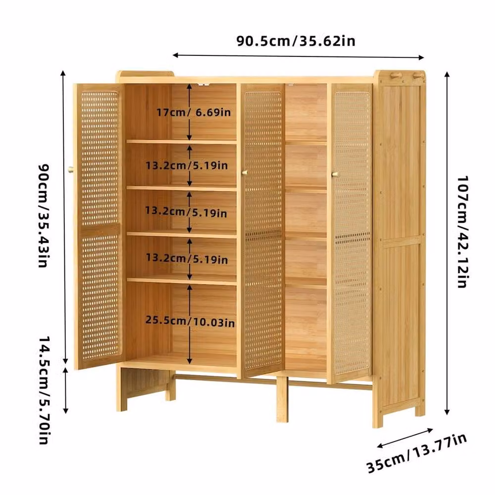 FORGEVIO Bamboo Shoe Cabinet in Sand Beige with Rattan Hinged Doors and Internal Shelves – 2