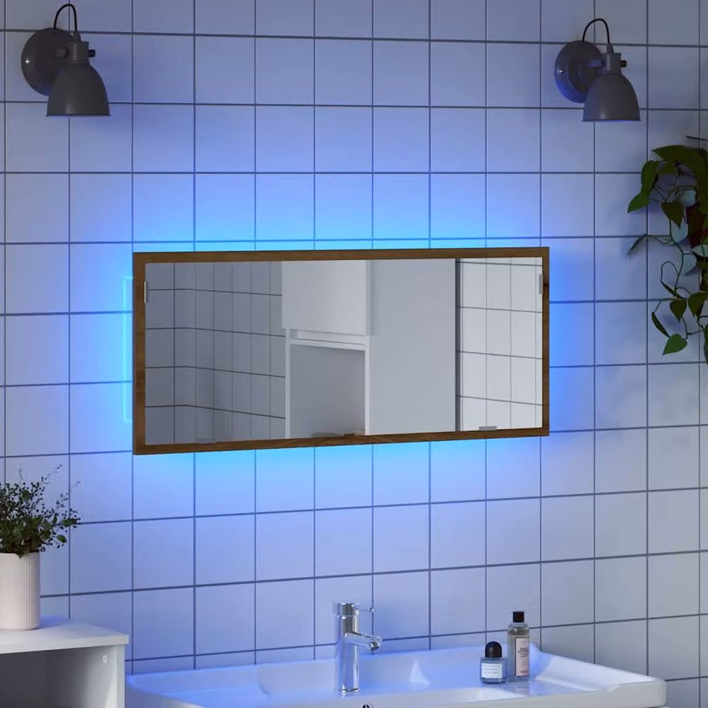 Berkfield Home Artisan Oak LED Bathroom Mirror in Brown, W: 100 cm, D: 8.5 cm, H: 37 cm – 2