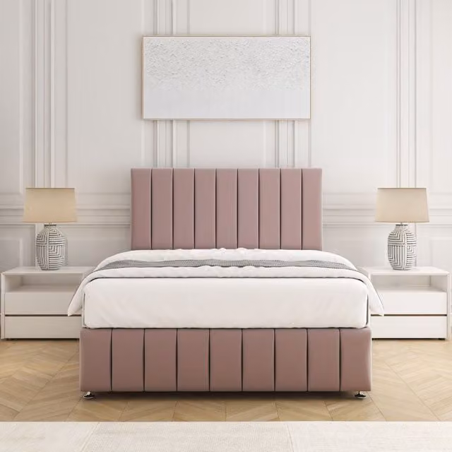 BSSPOKE Sierra King Size Plush Velvet Divan Bed Set with 24 inch Headboard and Mattress in Pink, W/D/H: 180 x 200 cm
