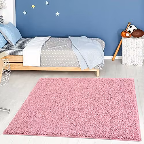 THE RUGS Pink Shaggy Soft Square Rug for Living Room and Bedroom, W/D/H: 120 x 120 x 3 cm
