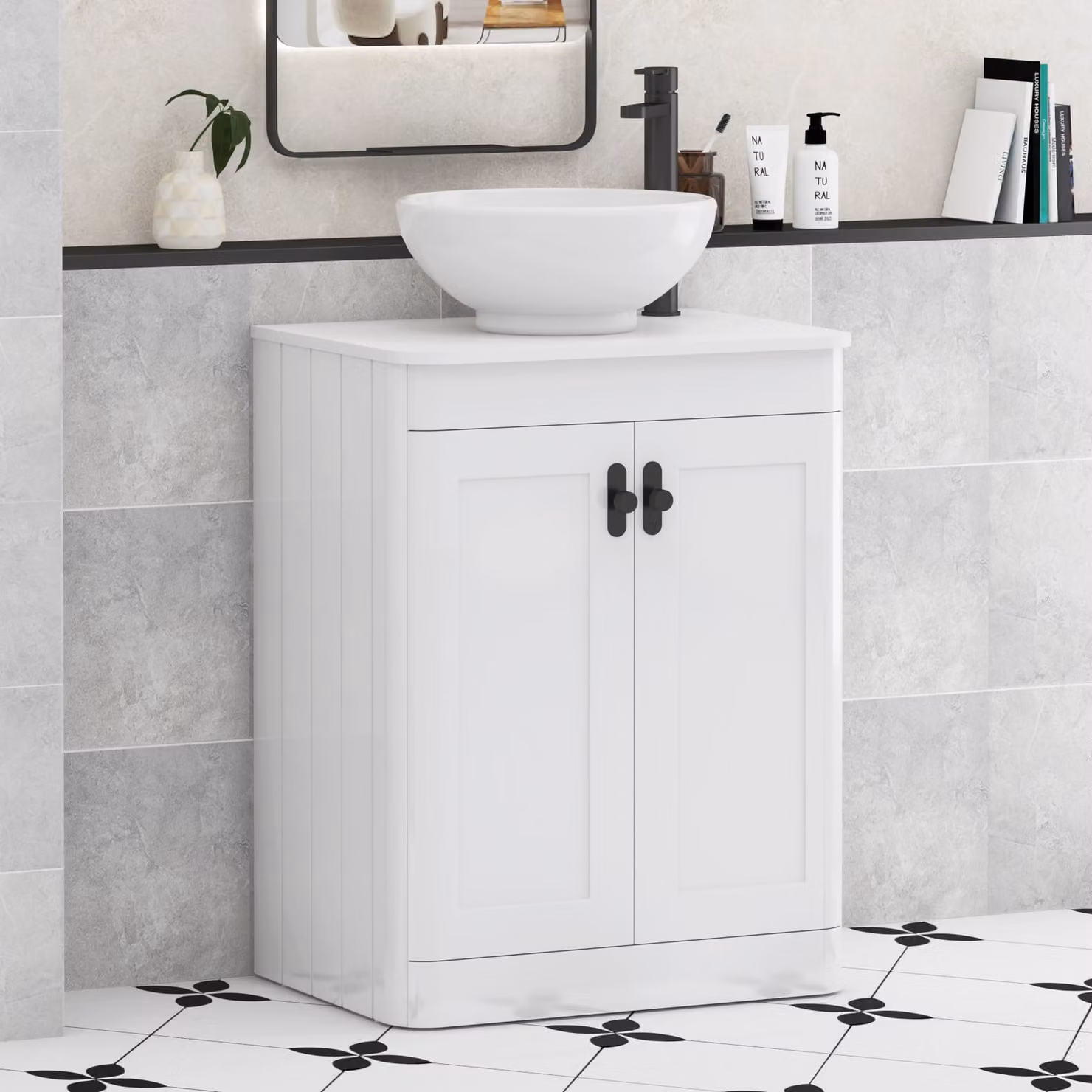 Royal Bathrooms Henley 600mm Gloss White Floor Standing 2 Door Vanity Unit with Breeze Basin and Matt Black Knob