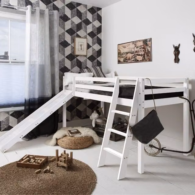 Noa and Nani Moro White Cabin Bed with Slide for Children in Solid Pine Wood