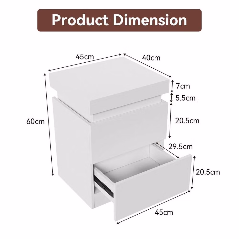EONLION White Bedside Table with RGB LED Integrated Lighting and 2 Drawers, Width: 100 cm – 2