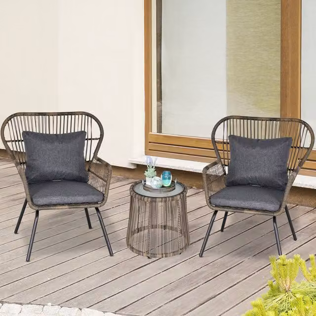 Outsunny 3 Piece Webbed Rattan Outdoor Dining Set with Round Glass Table and Chairs in Grey