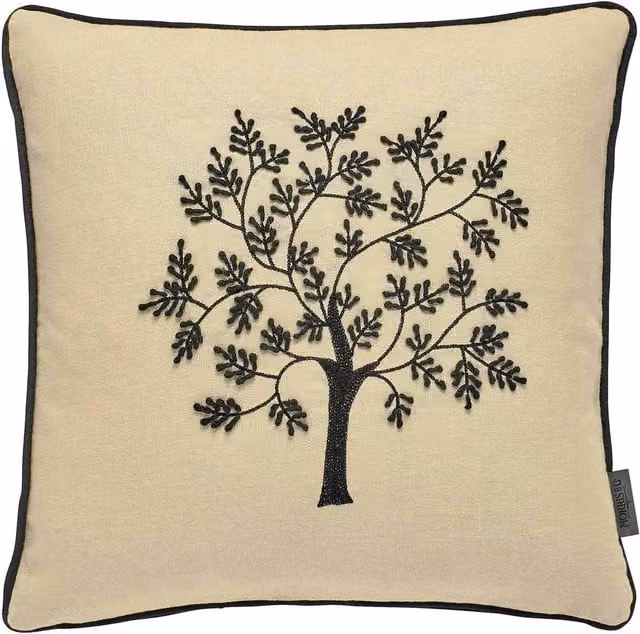 Morris & Co Seaweed Woodland Tree Floral Cushion in Black, Red and Beige Cotton Linen Art Nouveau Square Design