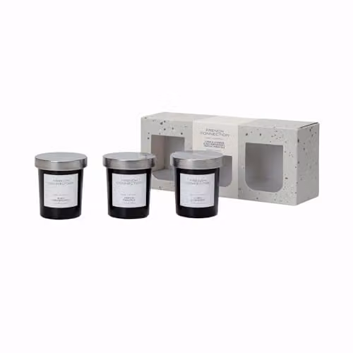 French Connection Black Collection Scented Jar Candle Gift Set of 3, Lemon & Lavender, Black Pomegranate and Tropical Pineapple, 54g x 3