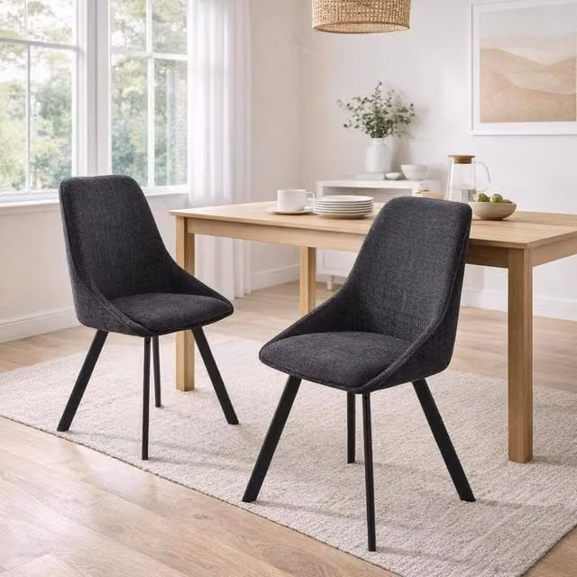 FWStyle Pack of 2 Black Modern Swivel Dining Chairs with Matt Metal Base and Fabric Upholstery