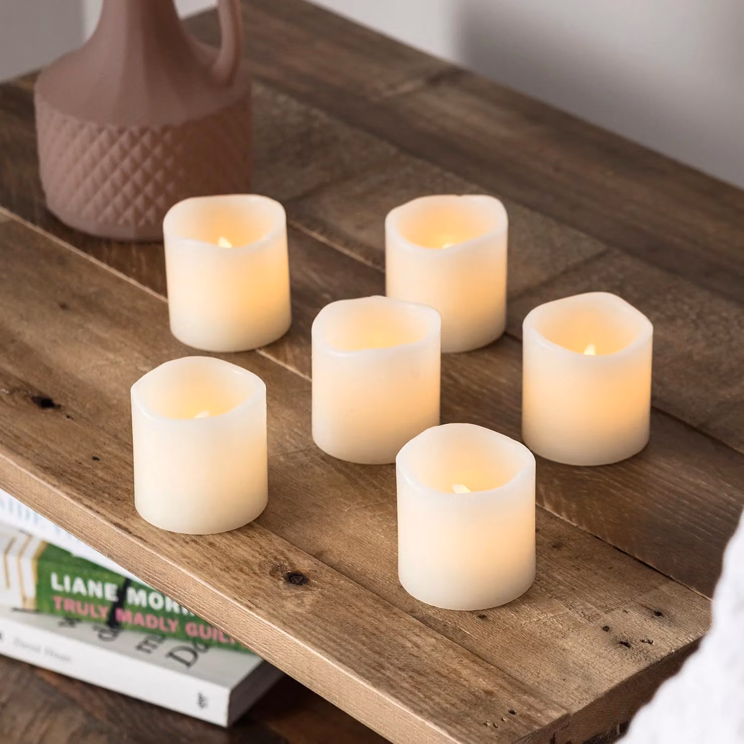 Lights4fun Set of 6 White Real Wax Battery Operated LED Votive Tea Light Candles with Flicker Effect – 1