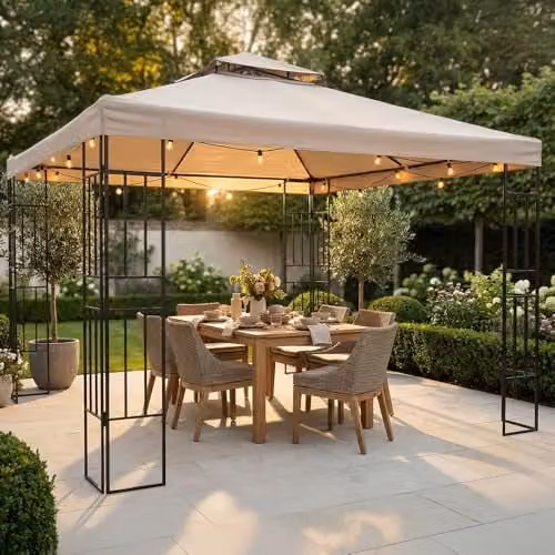 Jack Stonehouse Outdoor Steel and Polyester Gazebo with 2 Tier Roof, Mediterranean Beige – 1