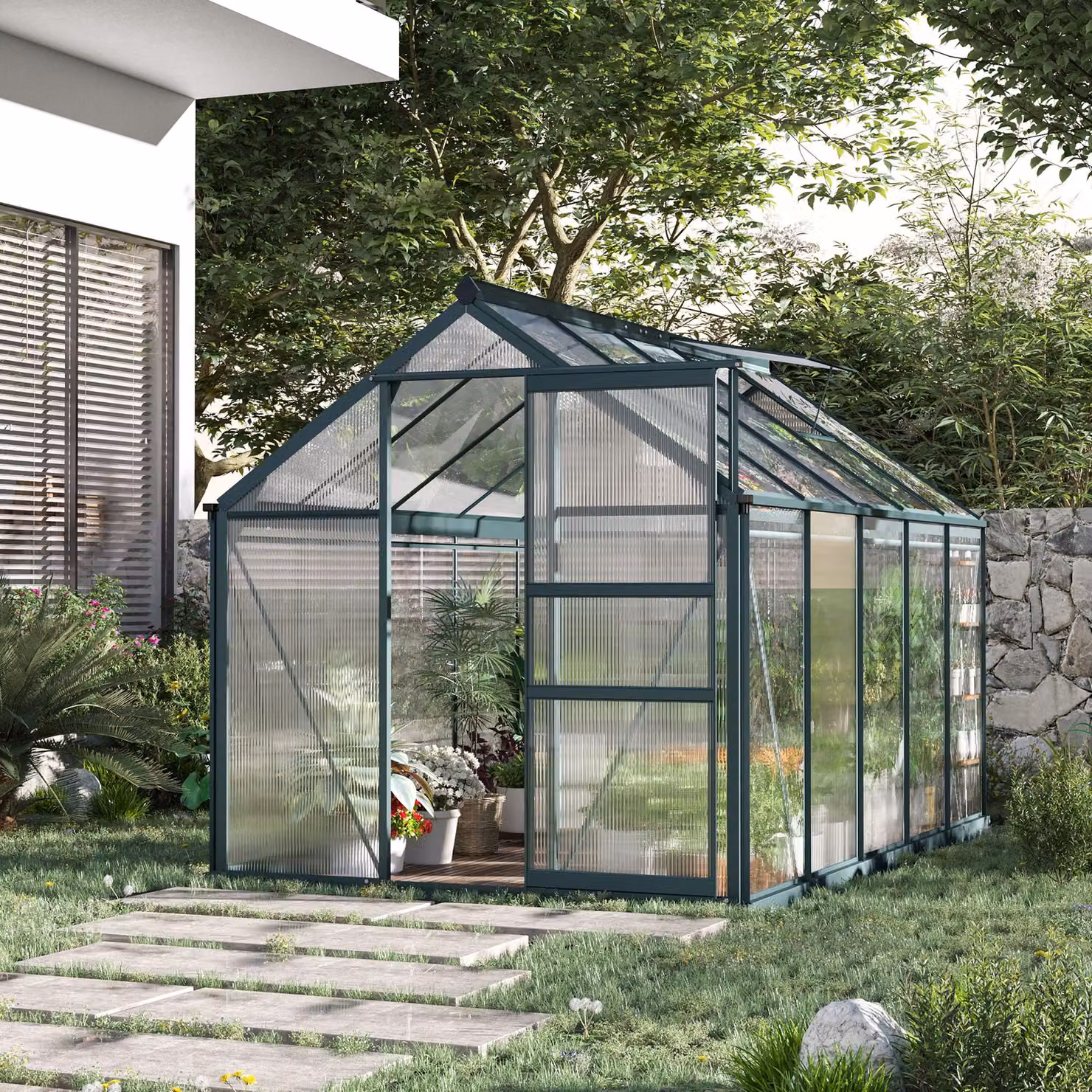 Outsunny Aluminium Frame Large Walk-In Greenhouse with Galvanised Steel Base and Sliding Polycarbonate Doors – 2