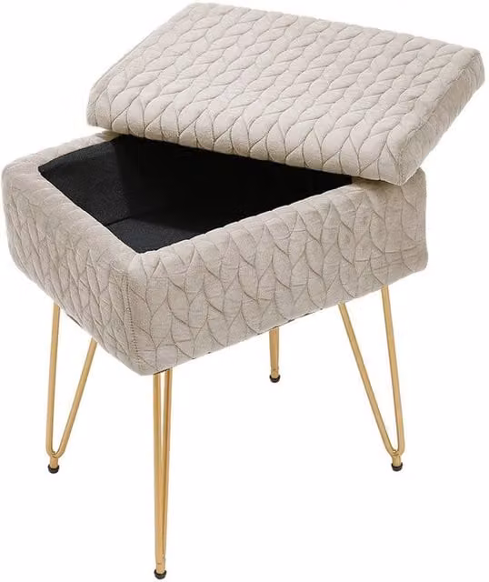KORVIXA Beige Velvet Storage Ottoman Stool with Gold Metal Hairpin Legs, W/D/H: 100 x 100 x 100 cm